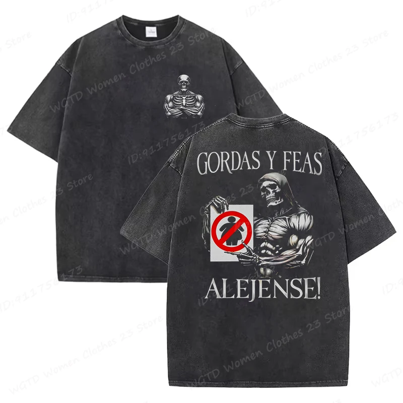Calacas Chidas Gym Washed T-Shirts Men's Trendy Cool Skeleton & Gym Print Oversized Tshirt Summer Tees Streetwear Casual Tops