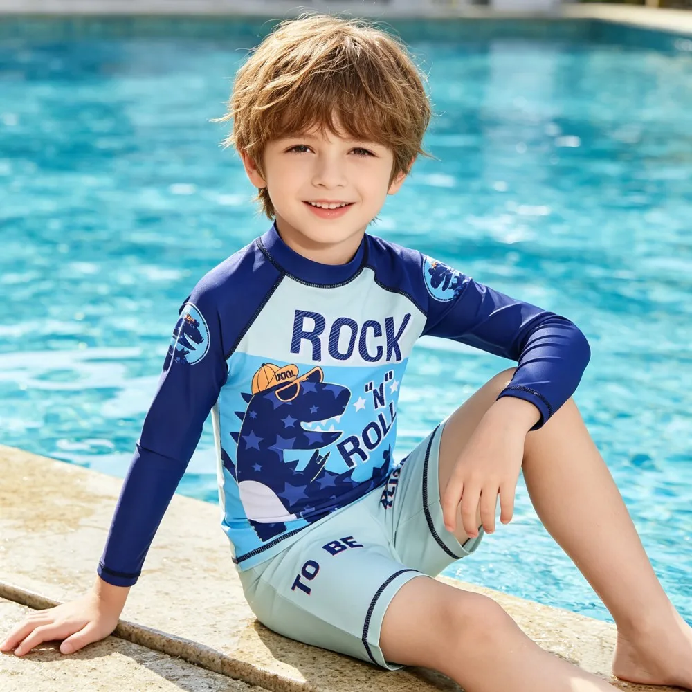 Roupa de Surf para Crianças Meninos de 2 a 11 Anos, Trajes de Natação para Meninas com Proteção Solar SPF 50+, Camisetas de Natação de Mangas Longas com Listras + Calções
