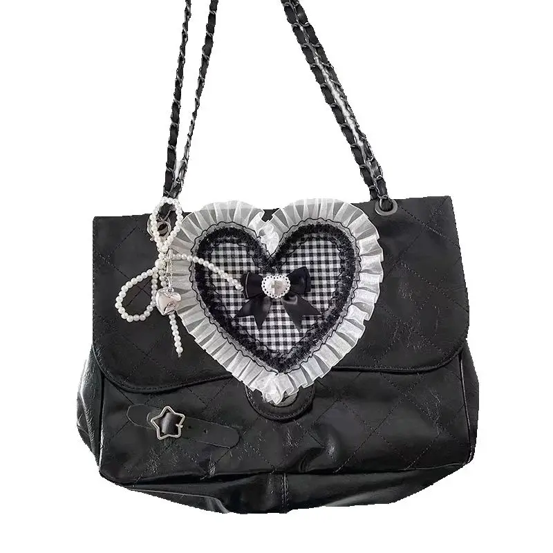 

Женская сумка, черные готические кружевные женские сумки, сумка-тоут 2025, сумка через плечо с сердечком Y2K, японская студенческая сумка, сумка Y2K