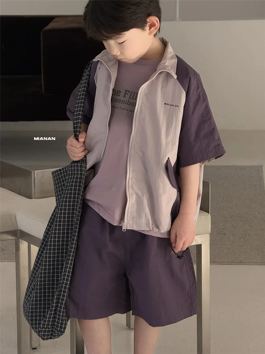 25 Summer New Boys' and Girls' Korean Edition Stylish Children's Color Blocked Zipper Shirt Short Sleeve Shorts Set