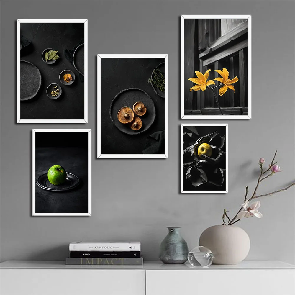 

Abstract Matte Black Tableware And Flowers For Dark Photography Props Canvas Painting Poster Wall Art For Living Room Home Decor