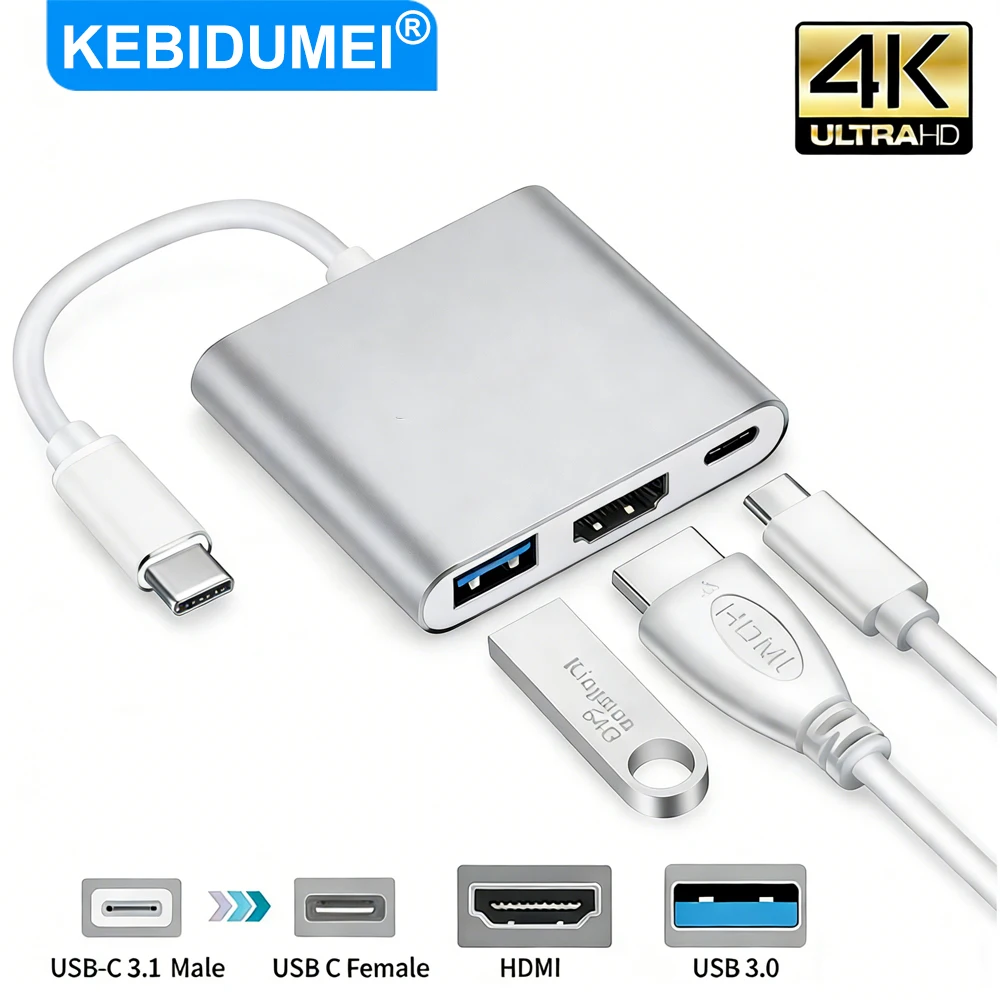 

Конвертер USB-C в HDMI 3-в-1, Type-C HUB, 4K HDMI, USB 3.0, кабель для быстрой зарядки PD, для MacBook, ПК, проектора, телевизора, монитора