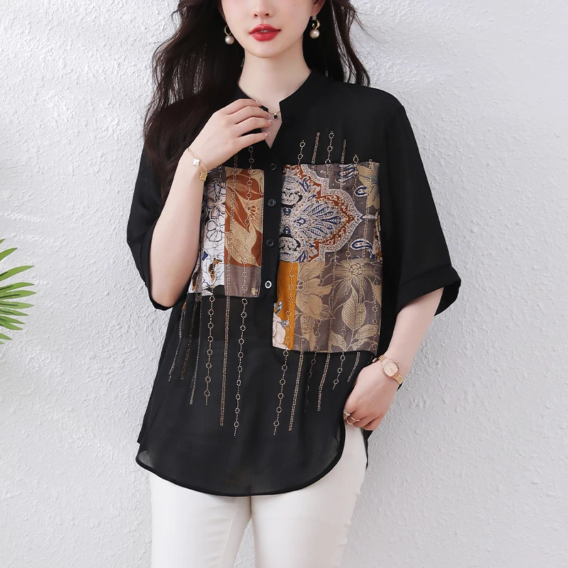 #2830 Summer Black Printed Blouse Women Half Open Collar Buttons Loose Office Asymmetrical Shirts Short Sleeve Thin Diamonds