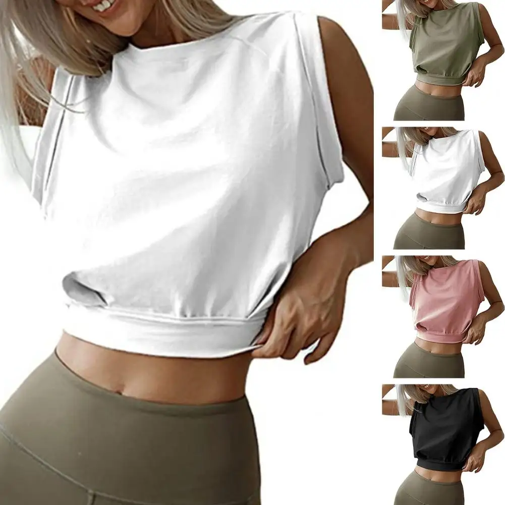 Women Summer Crop Top Sleeveless Round Neck Solid Color Vest Slim Fit Pullover Short Length Fitness Sports Female Clothing 여성상의