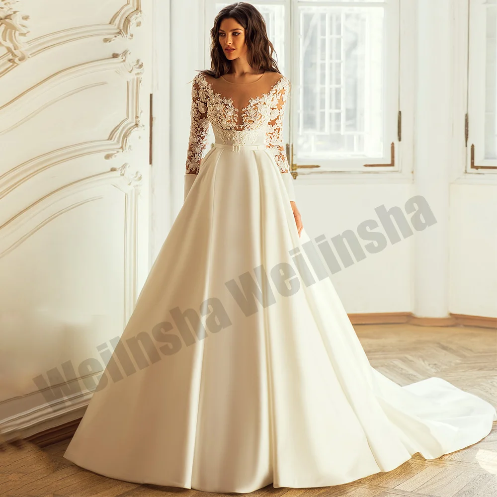 Luxury Sparkling Wedding Dresses Beading Applique See Through Body A Line Pockets Satin Bridal Gown for Women Bride Sweep Train