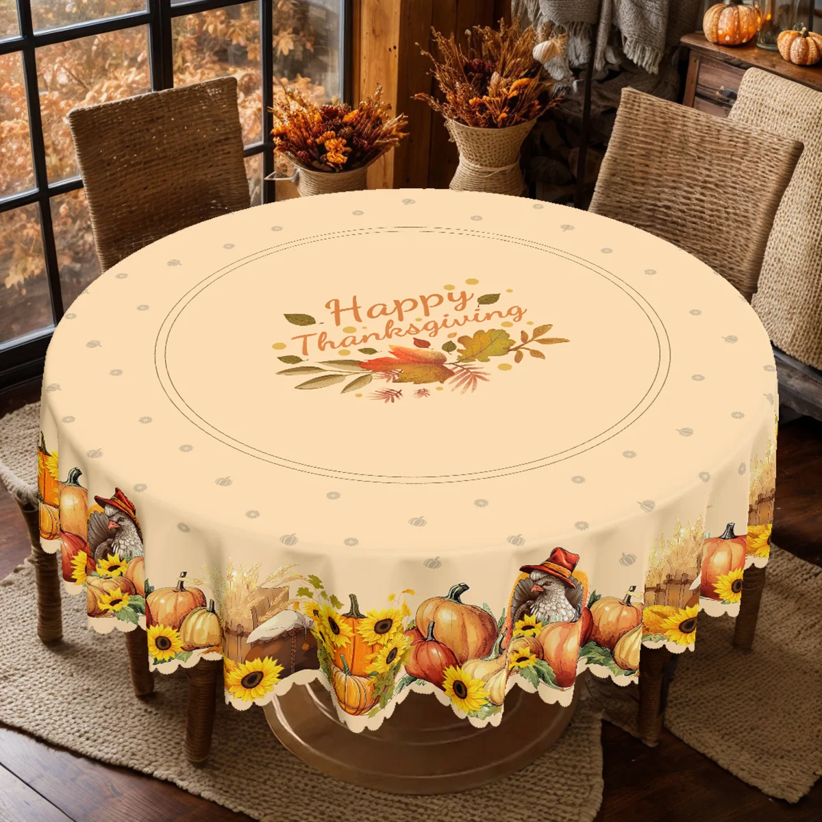 1. A polyester tablecloth, an autumn Thanksgiving-themed tablecloth, with maple leaves, turkey and pumpkins.xzj