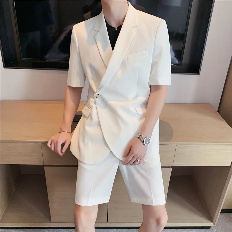 Summer Clothes New Casual Men's Suit Diagonal Access Control Micro Loose Short Sleeve Shorts Two-piece Set Ensemble Homme