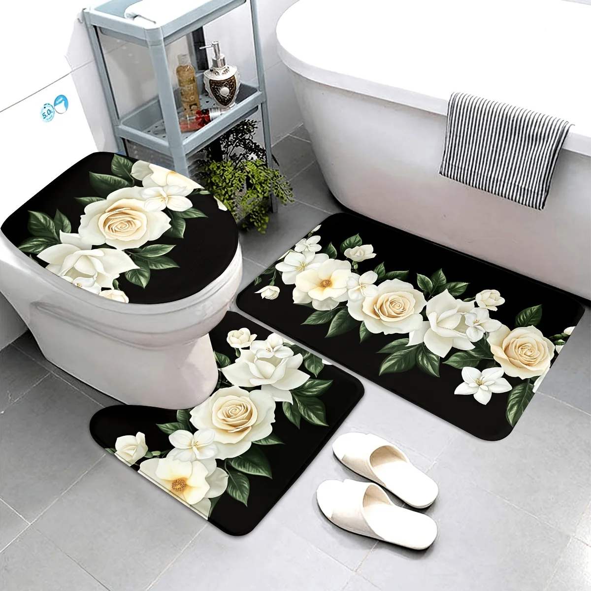 

For 3-Piece Rose Valentine Bathroom Set - Machine Washable Polyester with Toilet Seat, U-Shaped Seat and Non-Slip Mat