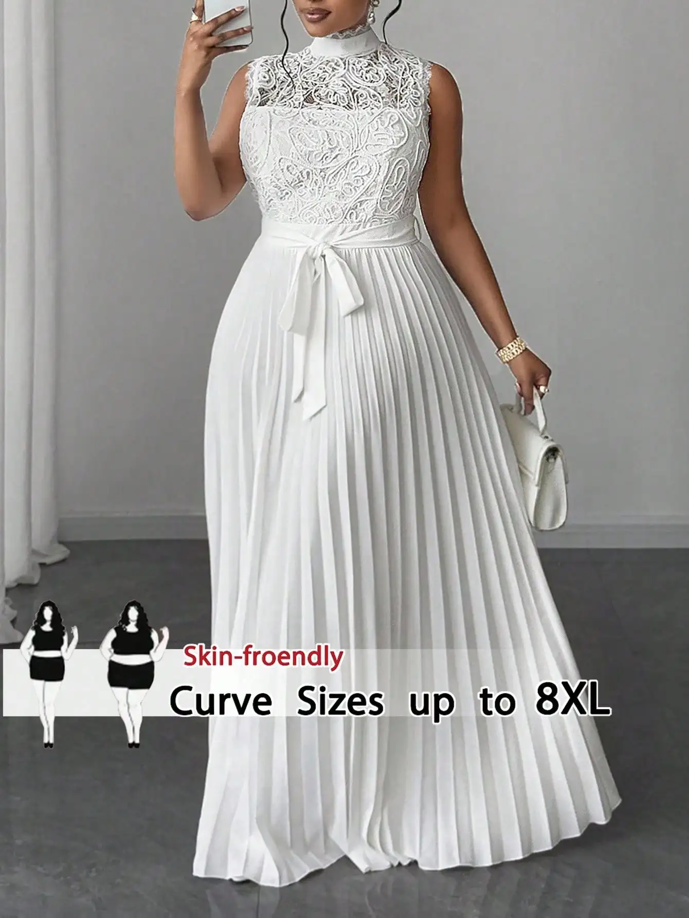 

Элегантное вечернее платье макси для полных женщин: кружевное, с высоким воротом, без рукавов, плиссированное, с поясом