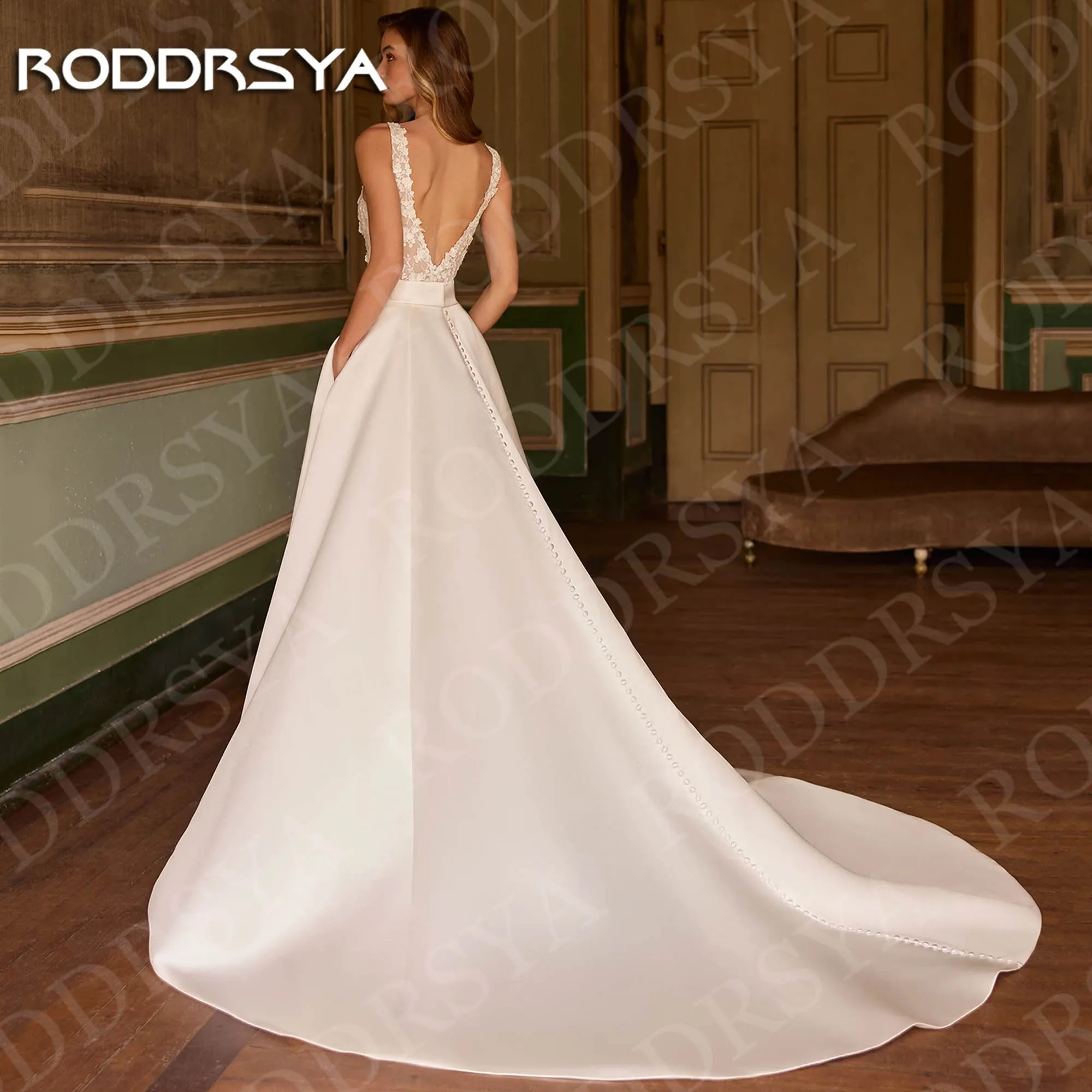 RODDRSYA Wedding Dresses Satin Bride Gowns Sleeveless Two-Piece Lace V Neck A Line Bridal Dress Woman Customized Vestido Novia