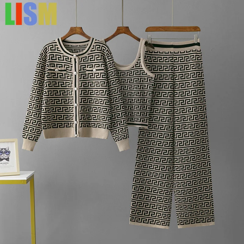 

LISM outfit new in matching sets Fashion suit women's autumn jacquard knitted cardigan jacket vest wide leg pants3 piece set