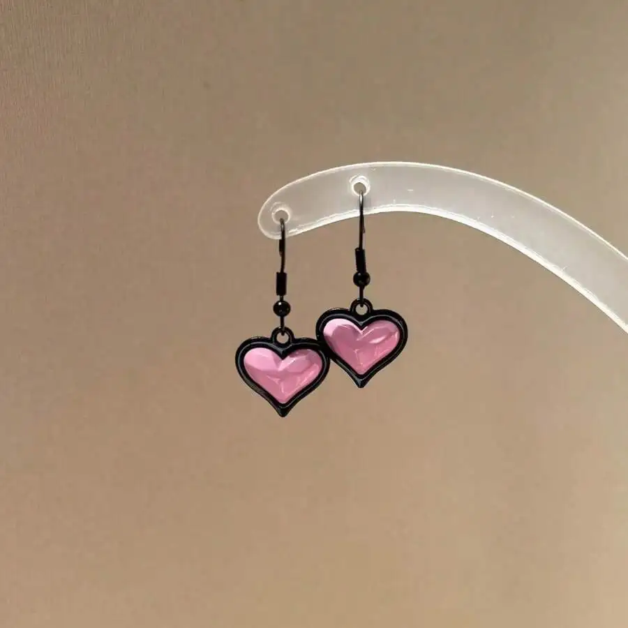 

Pink Heart Drop Earrings Zinc Alloy Black Hook Punk Style Women Fashion Jewelry