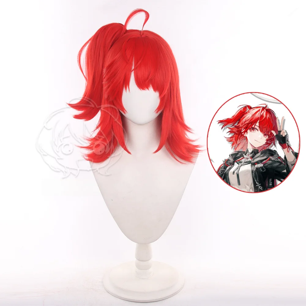 Perruque de cosplay Arknights Exusiai New Covenant, cheveux courts roux retournés, pince à mâchoire, queue de cheval 40 cm, perruque synthétique pour Halloween Comic Con, perruque d'anime