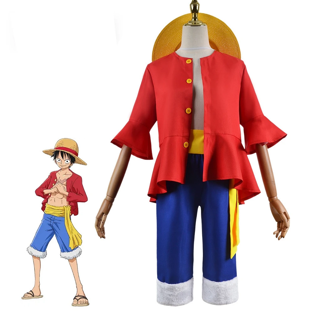 Bilibili Anime Luffy Cosplay Traje, chapéu de palha, jaqueta vermelha, festa de Carnaval Halloween para adultos e crianças, 1 peça