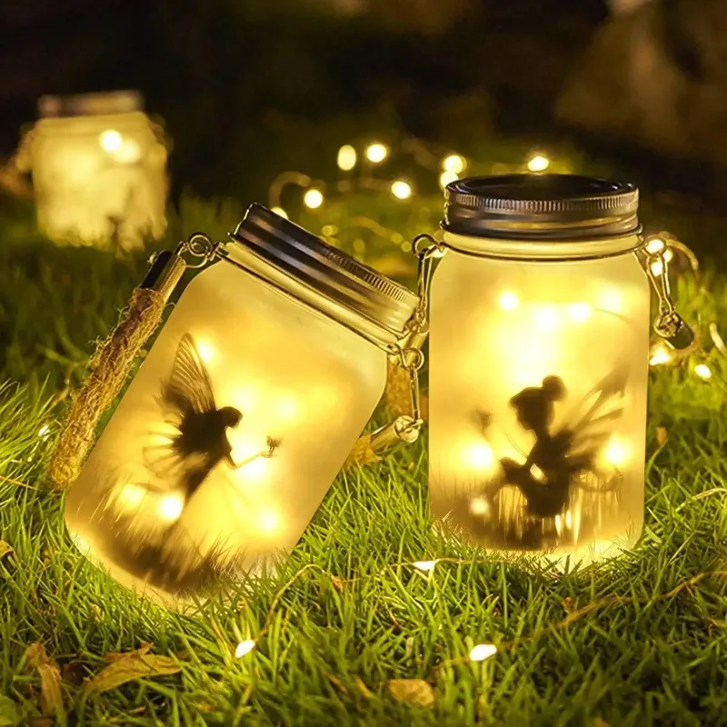 Solar Mason Light LED Frosted Glass Jar Elf Fairy Bottle Outdoor Courtyard Garden Hanging Tree Decorative Colorful Light