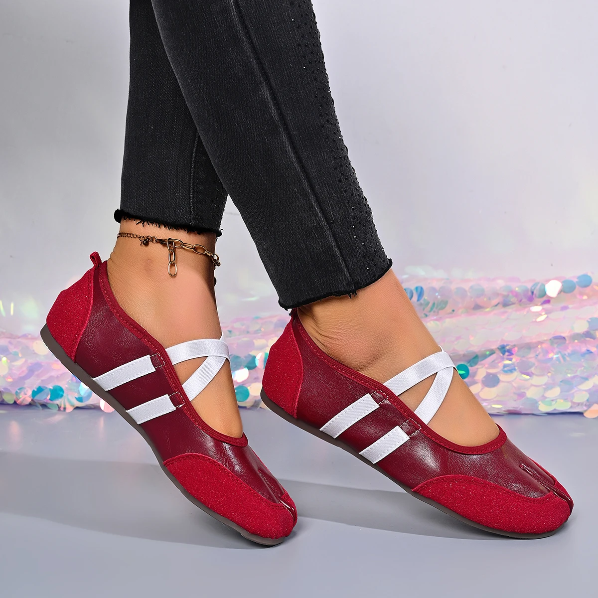 Schwarze, silberne, rote Ballettschuhe, Damen-Split-Toe-Ballerina-Tabi-Sneaker, Mary-Jane-Schuhe, Sommerschuhe – Detail 5
