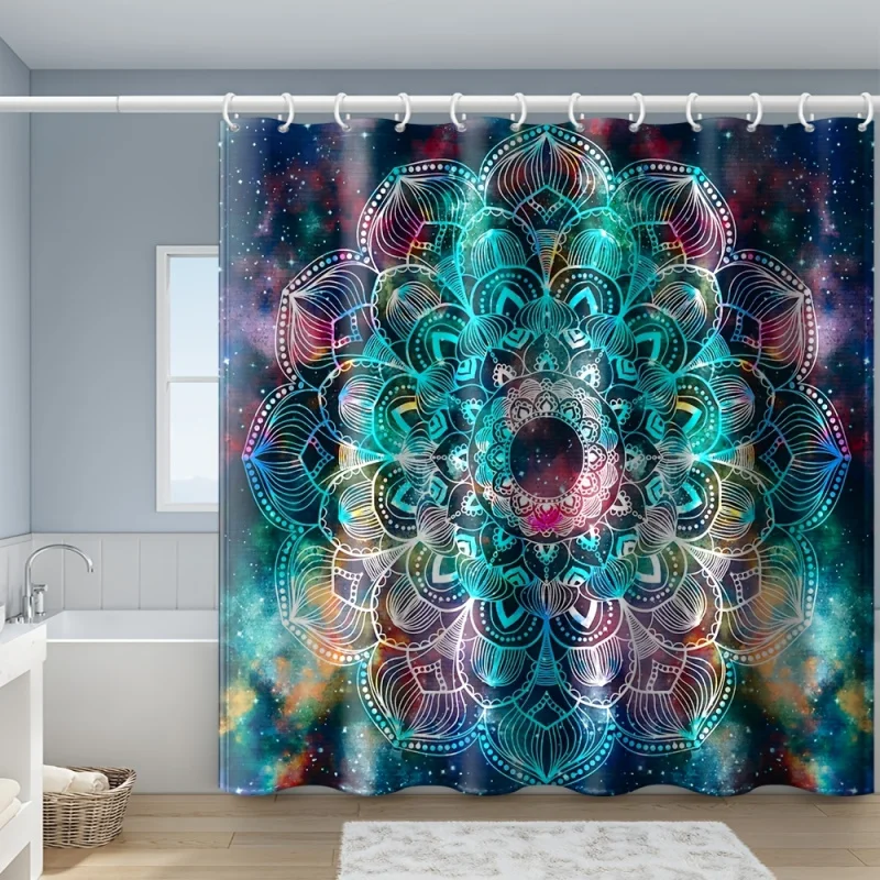 1pc Psychedelic Mandala Shower Curtain with 12 Hooks - Waterproof Fabric Bathroom Decoration for a Spiritual and Relaxing Bathin