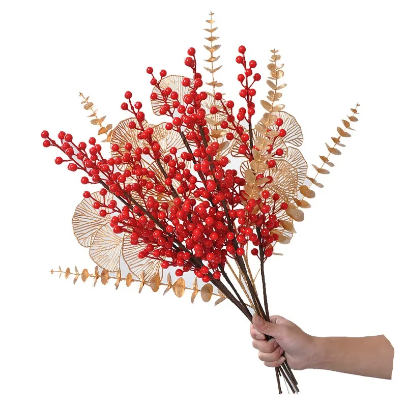 

85CM Artificial Gold Eucalyptus Interior Christmas New Year Decoration Ginkgo Leaf Christmas Red Fruit Winter Red Fruit
