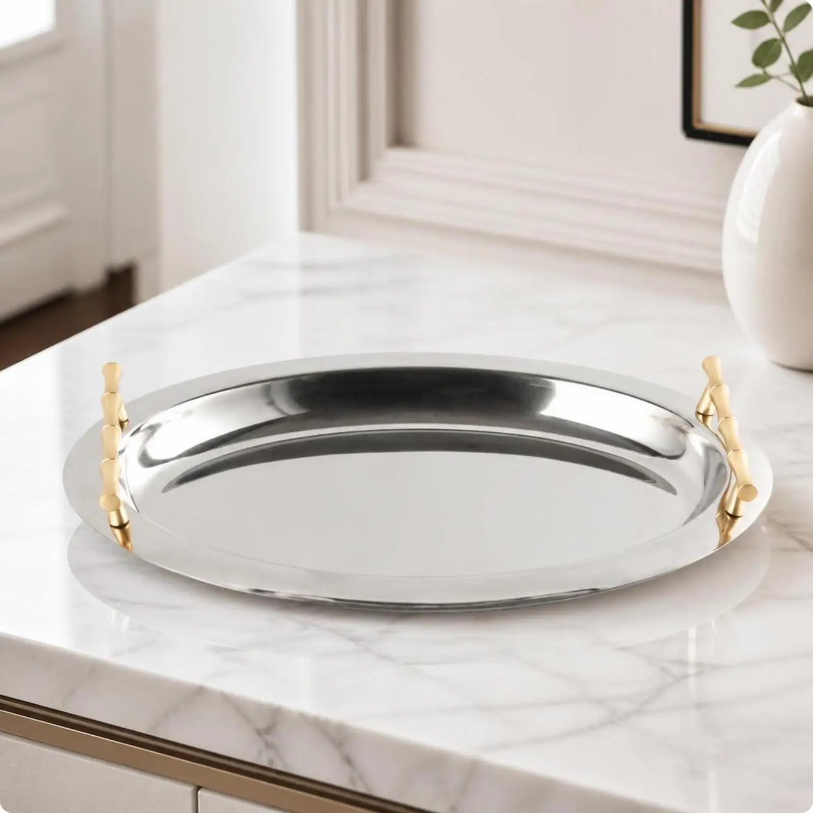 Stainless Steel Tray with Bamboo Handles Low-Profile Oval Tray with Handles Oval Serving Platter Shiny Tableware Smooth
