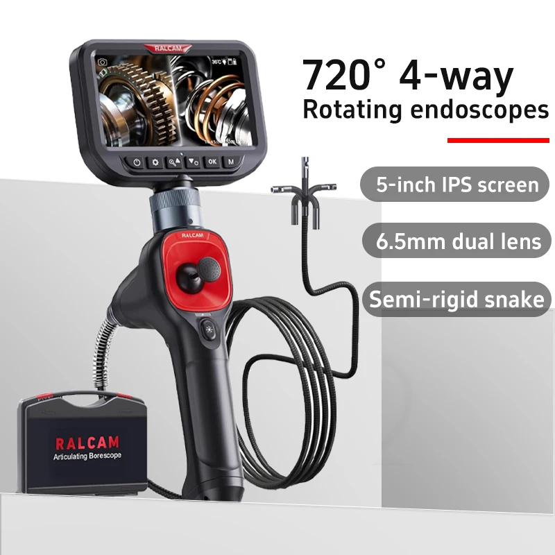 

RALCAM Articulating 360/720° Endoscope 6.5mm Inspection Camera Cameras with 6 LED, IP67 Waterproof 1M/1.5M Dual Single