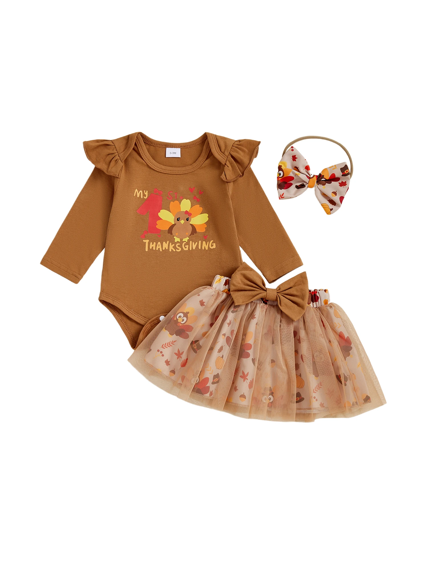 

Thanksgiving Baby Girls 3-Piece Outfit Set with Turkey Print Romper Tulle Skirt and Bow Headband for Fall Festivities