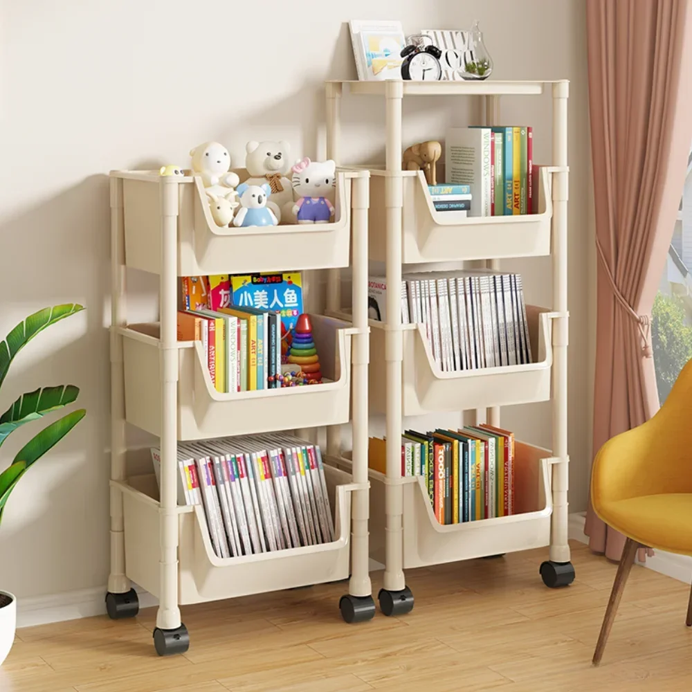 Trolley Bookshelf Portable Movable Toy Storage Rack Household Large Capacity Display Cabinet Simple Corner Bookshelf with Wheels