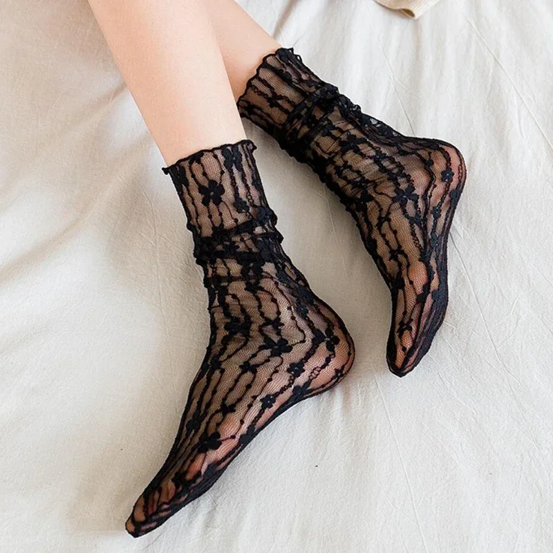 Women Sexy Lace Flower Fashion Ultra-thin Transparent Summer Japan Style Hollow Mesh Crew Socks Harajuku Retro Long Kawaii Socks