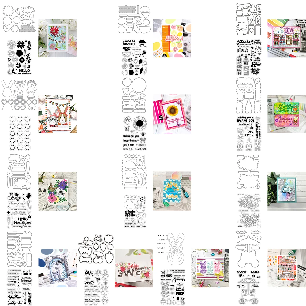 

Thinking of You Hello Wishes Phrase Clear Stamps Easter Bunny Whale Gnome Lemon Floral Metal Cutting Dies Diy Festive Craft