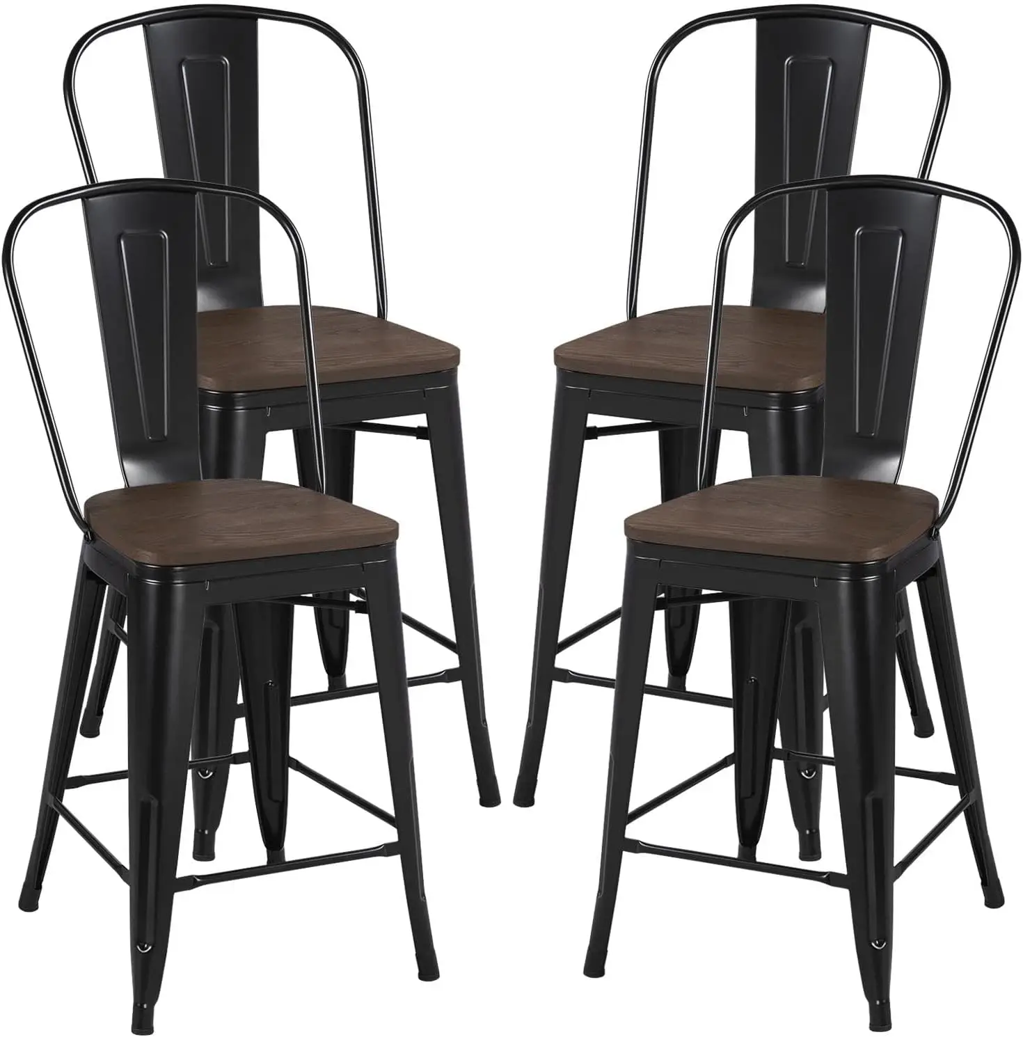 Seat Height Dining Stools Chairs with Wood Seat/Top and High Backrest, Industrial Metal Counter Height Stool, M