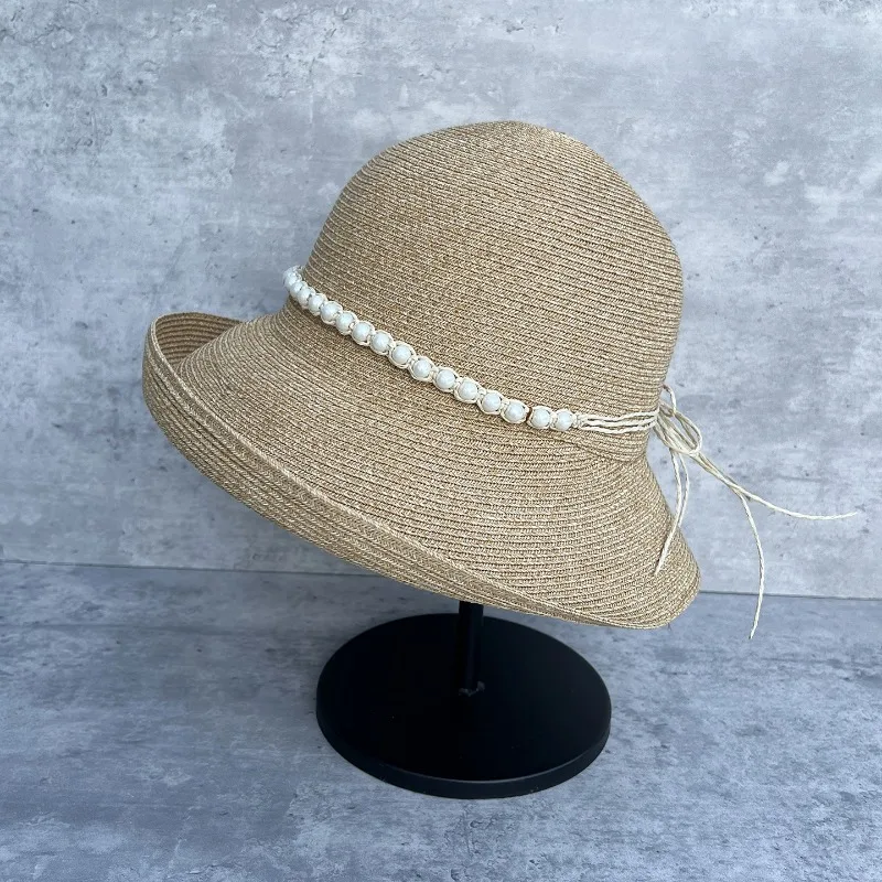 Women's Summer Pearl Tie Foldable Wide Brim Straw Beach Sun Protection Hat