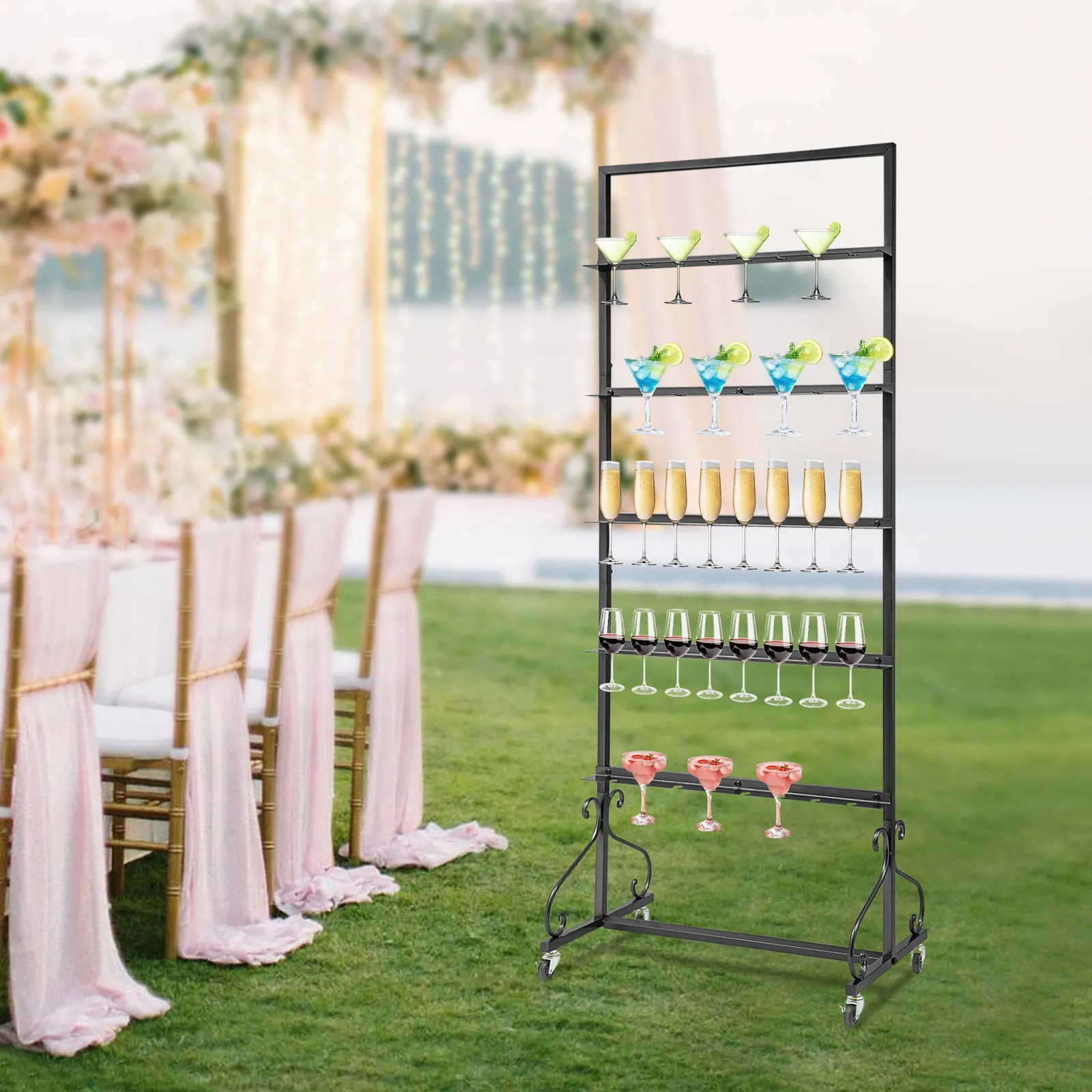 

5-Tier 40-Cup Champagne Glass Rack, Black Iron Display Stand for Bar, Wall Mount Wine Glass Holder Shelf, Storage Organizer