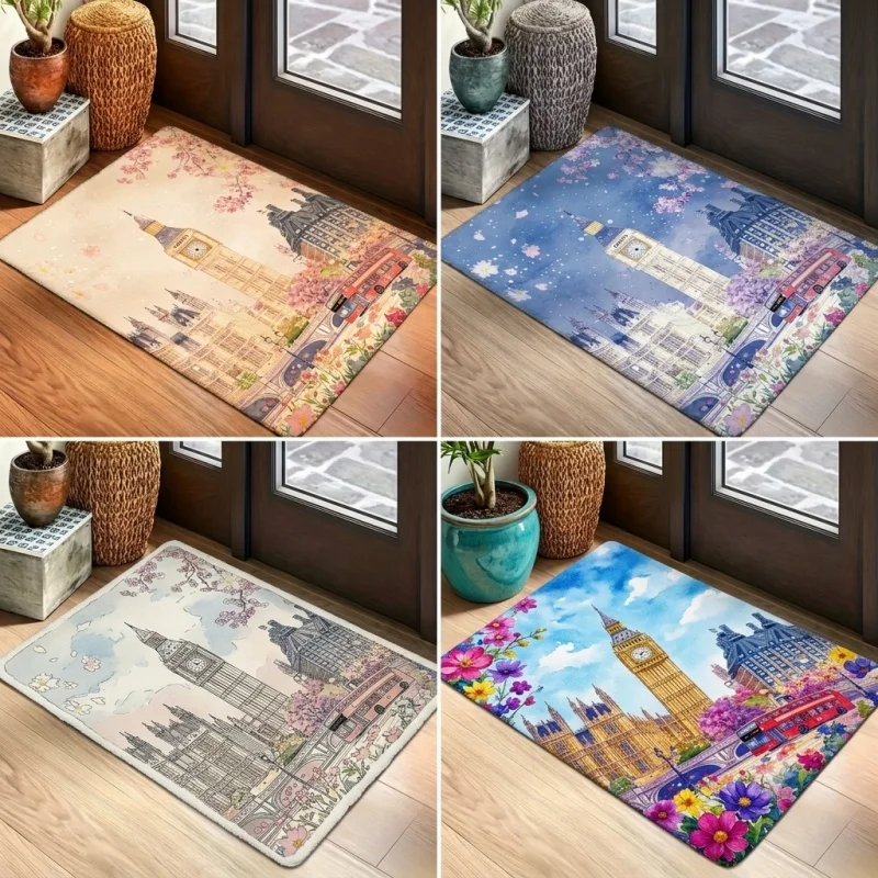 Newest Watercolor London Big Ben Area Rug, Floral City Building Printed Floor Mat for Entryway Bedroom Home Decor