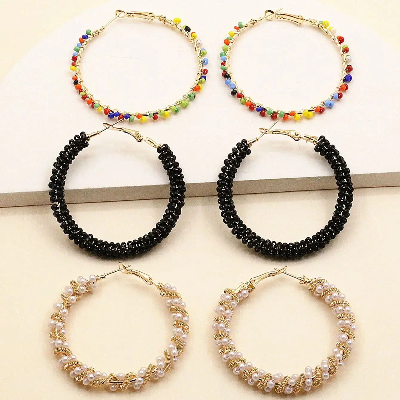 6 Pieces Summer Exaggerated Ladies Color Handmade Rice Bead Hoop Earrings All-match Casual Earrings Jewelry SetAll-match CAS