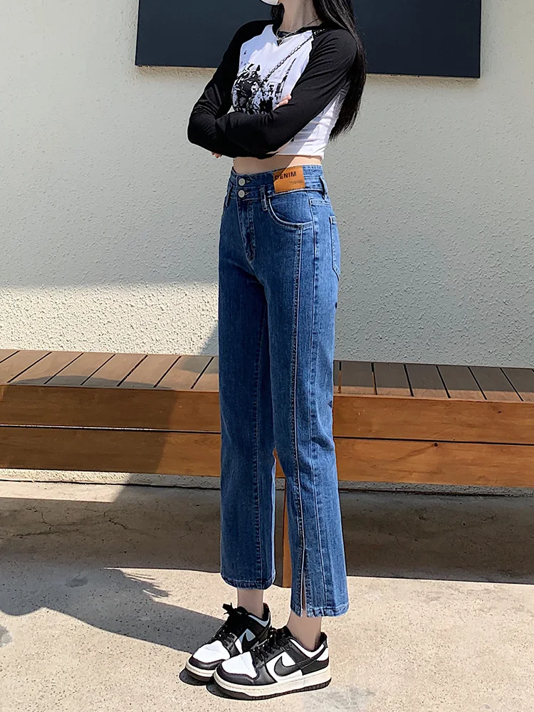 Cintura alta perna reta jeans feminino primavera outono cintura alta emagrecimento plus size gordura mm nove pontos combinar todos e tu...