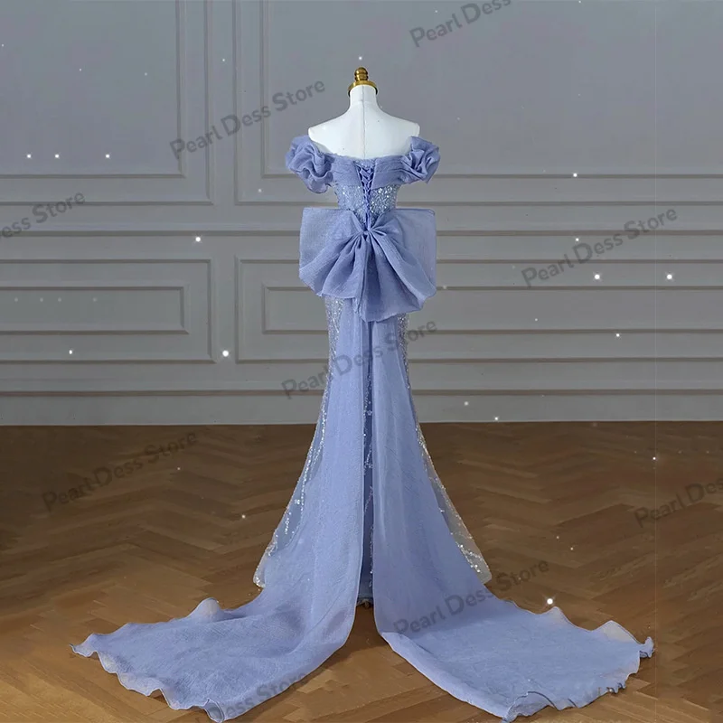 Robe de Rhplissée à sequins avec col oblique patchwork, haut précieux, bleu, perle, poignées de sirène, nœud amovible, robe de soirée de luxe