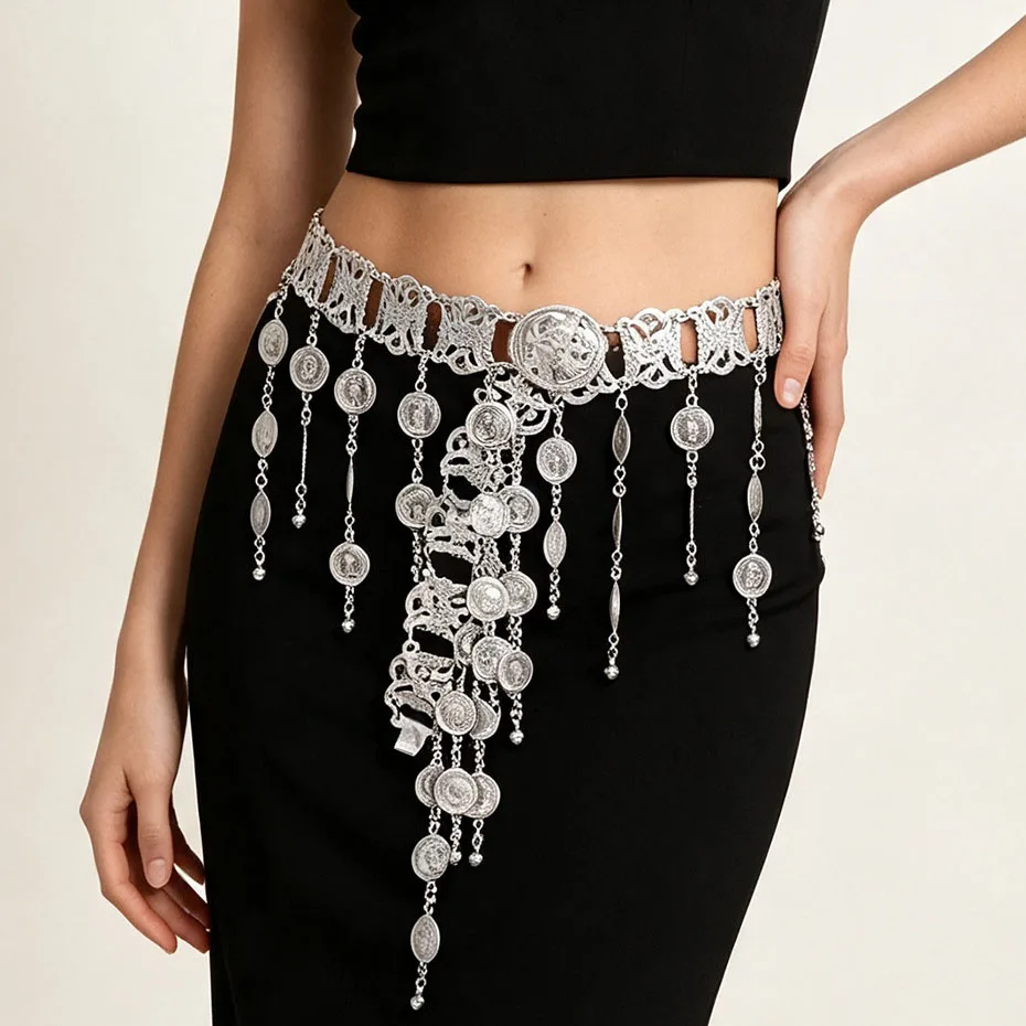 Silver Coin Tassel Alloy Waist Chain 109cm Malaysian Festive Naxi-Dai Style Ethnic Minority Body Chain Southeast Asian Waist