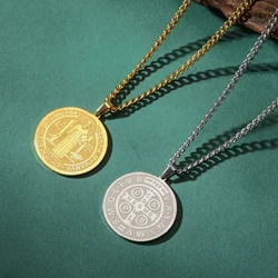COOLTIME Saint Benedict Medal Necklace Stainless Steel Catholic Medallion Pendant Choker Vintage San Benito Amulet Jewelry Gift