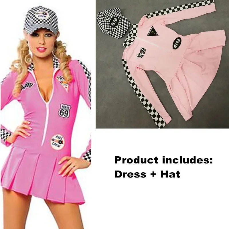 Women Race Car Driver Costume Cosplay Sexy Racing Girl Long Sleeve Mini Dress And Hat Cheerleader Uniform Outfit