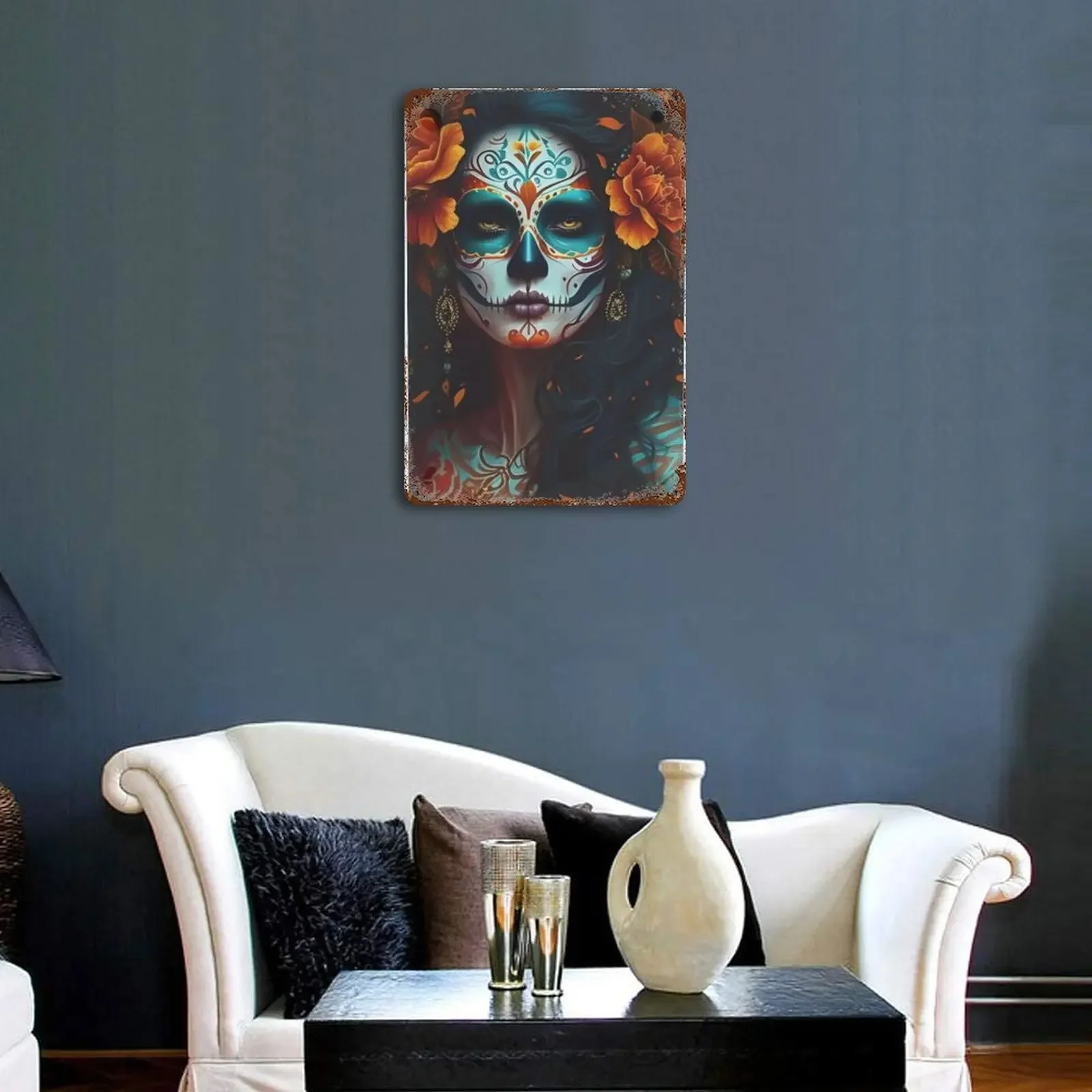 Vintage Mexican Skull Flower Plaque Wall Metal Tin Sign Art Painting Gothic Pictures Abstract Home Decor for Living Room Kitchen
