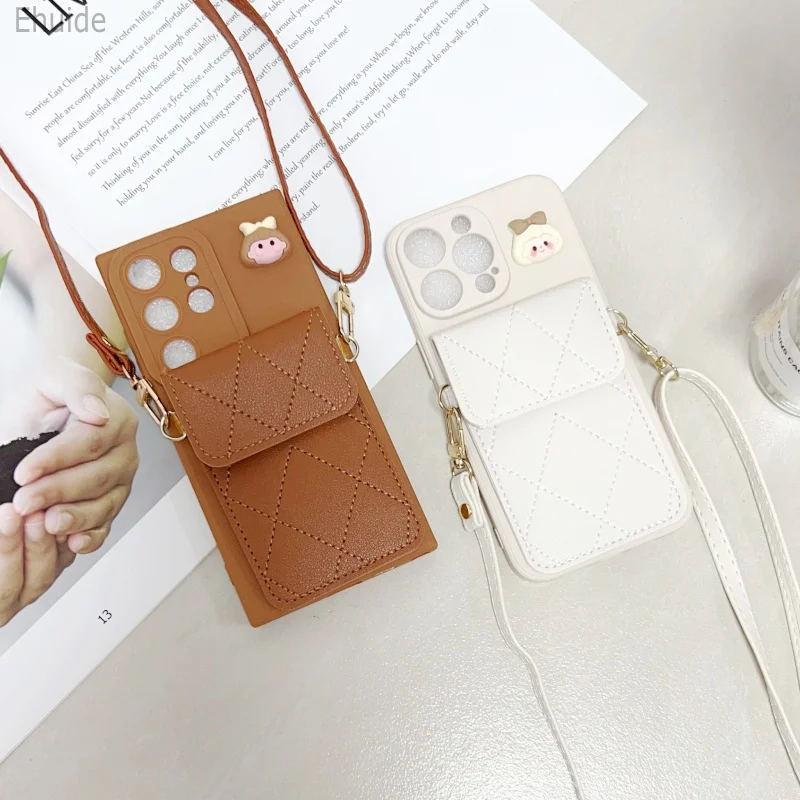 Cartoon karierte Hülle für Samsung Galaxy S25 Ultra S21 S22 S23 Plus S24 FE A16 Wallet Strap Holder Crossbody Cord Lanyard Cover