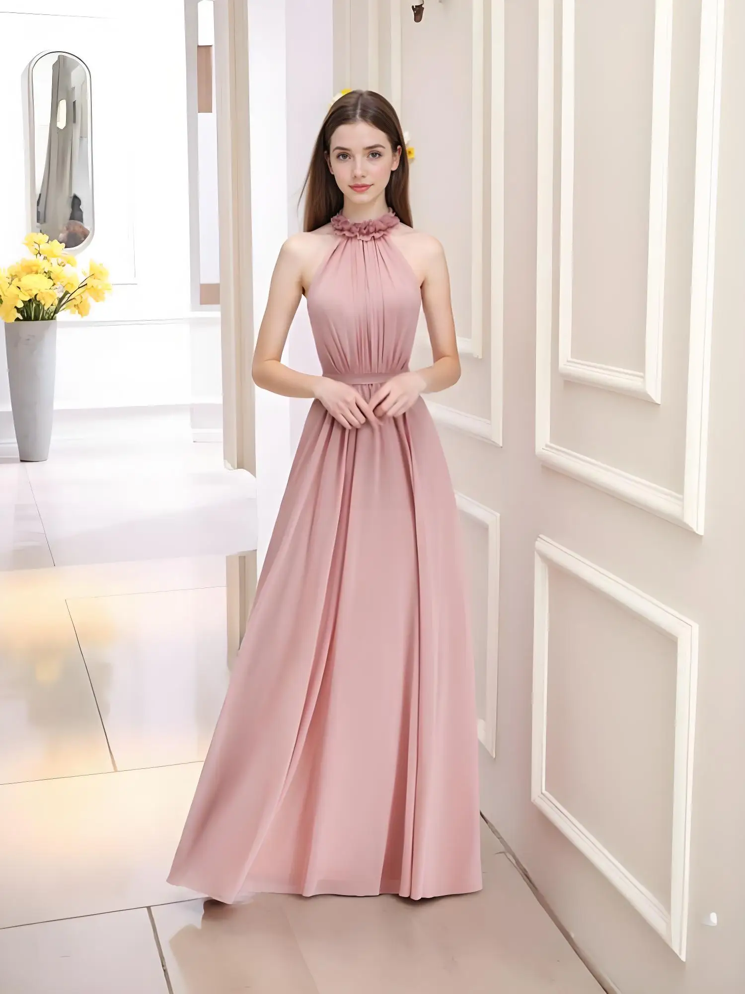 

Beshinel Customized pink halter neck Sleeveless Ruffled Chiffon Bridesmaid Dresses zipper Sweet evening dress robes de soirée