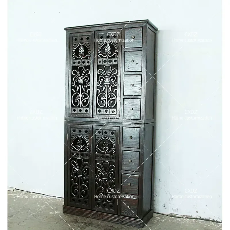 Solid Wood Corner Cabinet Retro Carved Crevice Storage Unit Large Capacity Shoe Rack for Entryway Hallway Living Room
