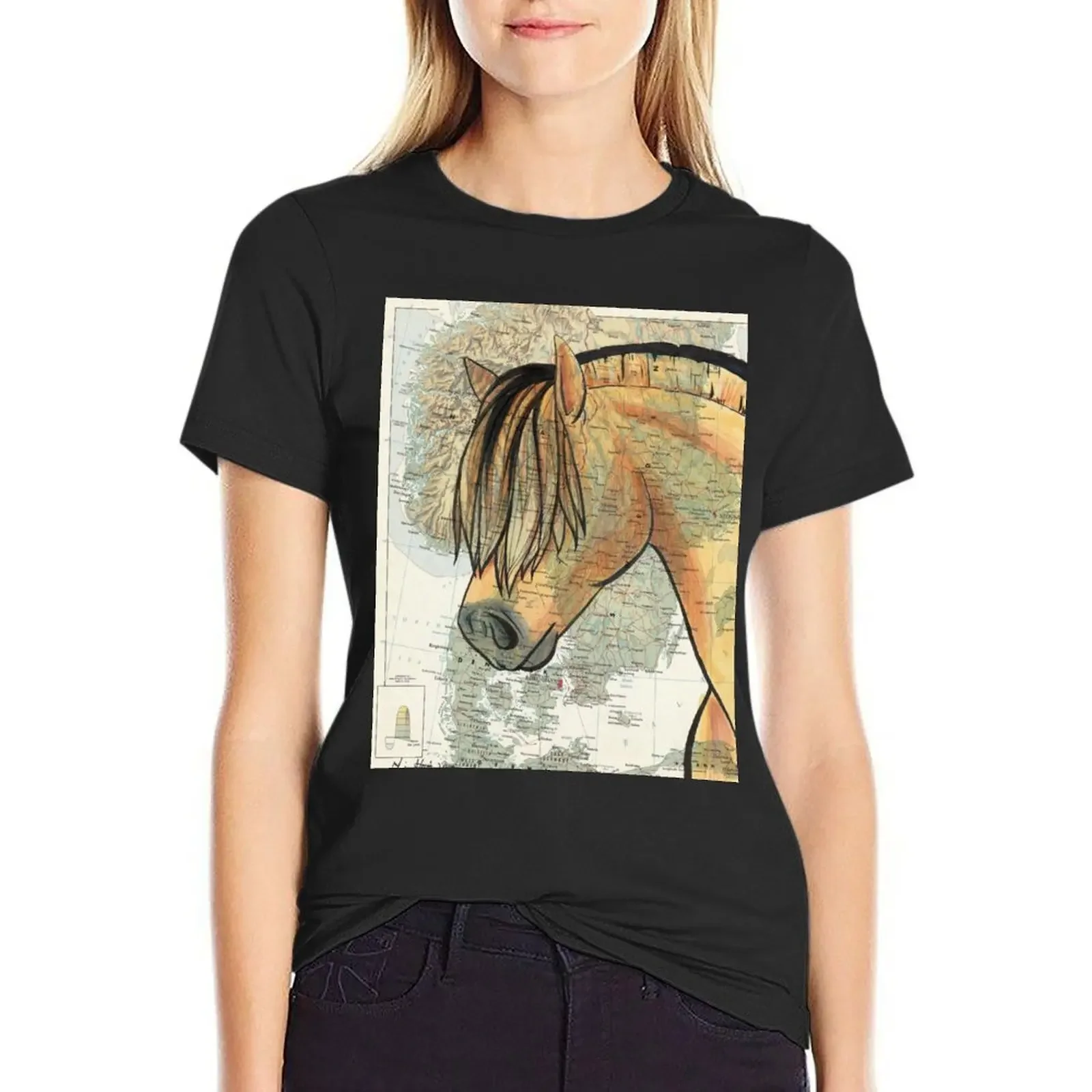 

Fjord Horse on Map T-Shirt animal prinfor Blouse customizeds summer clothes for Women