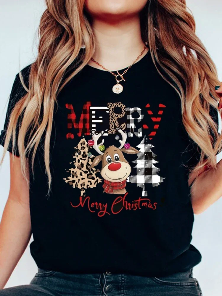 Cute Reindeer Leopard Print Women T Shirt Christmas Casual Cartoon Christmas Tree Graphic Short Sleeve Female T-Shirt