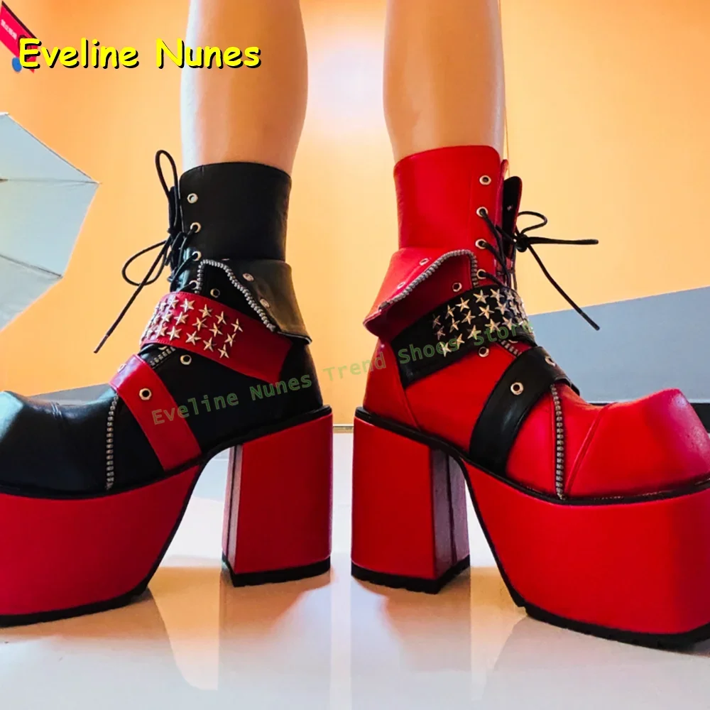 

Rivet Belt Buckle Fashion Motorcycle Boots Square Toe Block Heels Mixed Colors Women Patchwork Mid-Calf Boots 2025 Street Style