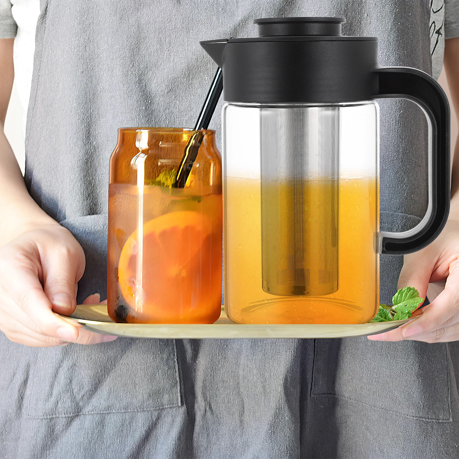 

Стеклянный кувшин большой емкости, высокотемпературный охлаждающий кувшин для напитков, легко чистящийся магазин, дизайн фильтра из нержавеющей стали, чайник