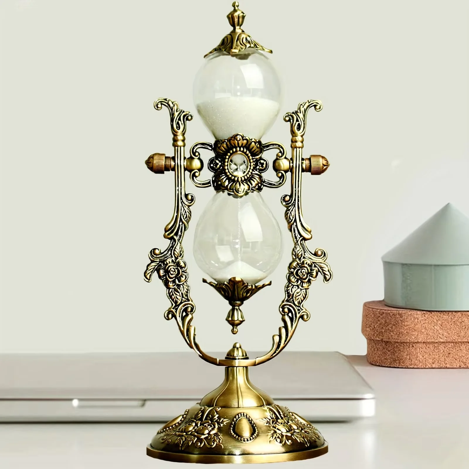 1pc DIY Craft Storage Box Organizer Sand Timer Vintage Carved Brass Frame Antique 360° Rotating Metal Home Office Desk Decor Gif