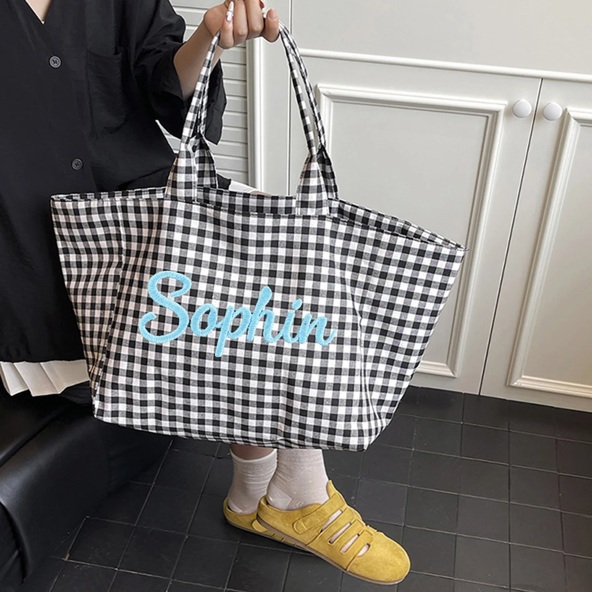 (Custom Embroidery) Women's Tote Bag, Personalized Embroidered Simple Plaid Canvas Bag, Original Niche Versatile Large-Capacity Tote Bag for Commuting, Student Shoulder Bag for Class