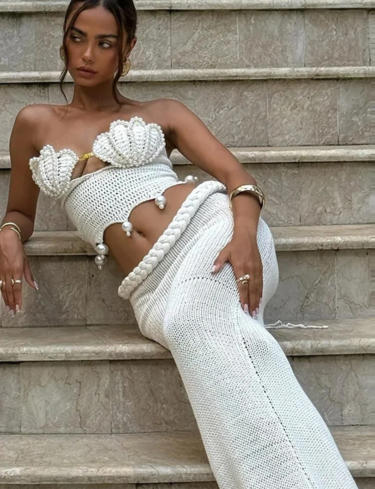 

Knitted Pearl Tube Top Skirt Sets Women Sleeveless Backless Crop Tops High Waist Skirts Suits Female 2 Piece