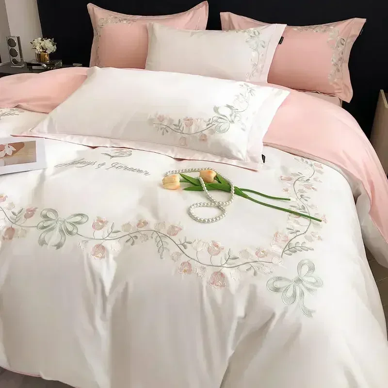 

Flower Embroidery 100 Cotton Bedding Set 220x240 High Quality King Size Duvet Cover Set 240x220 Twill Pure Cotton Bedding Sets